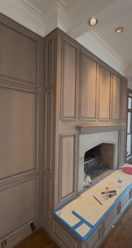 Classy Flooring ATL — refinished solid oak paneling in Rubio Monocoat Linen, Buckhead Atlanta great room with limestone fireplace