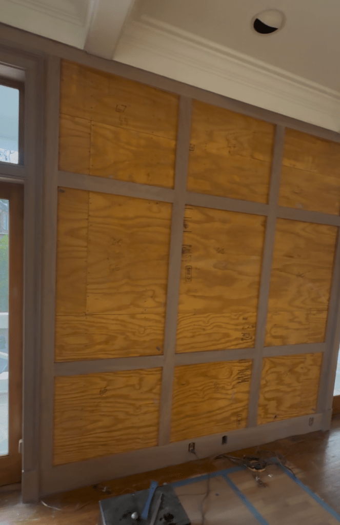 Oak paneling framing finished in Rubio Monocoat Linen with panels removed for off-wall refinishing — Classy Flooring ATL, Buckhead