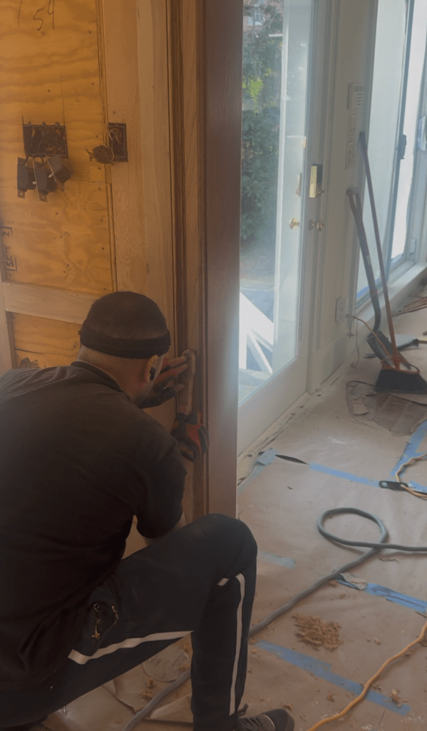 Hand-scraping oak trim profiles to preserve original detail during paneling refinishing — Classy Flooring ATL, Buckhead