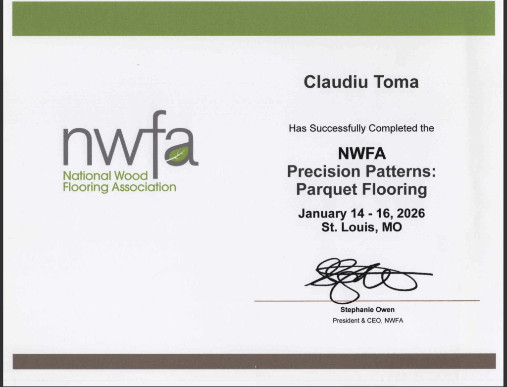 NWFA Precision Patterns Parquet Flooring training document for Claudiu Toma, completed January 2026