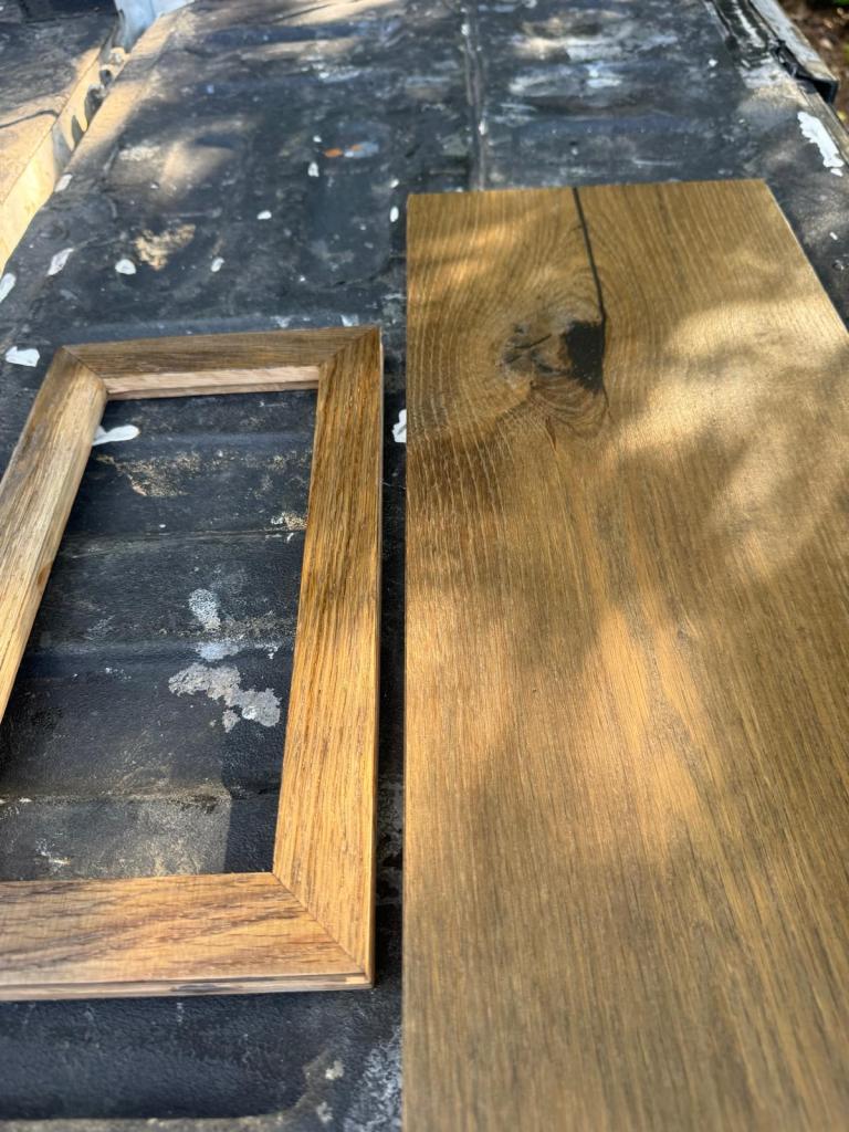 Fabricated tongue-and-groove herringbone border corner and plank, color-matched with Rubio fumed treatment and Super White oil, Dunwoody, GA project