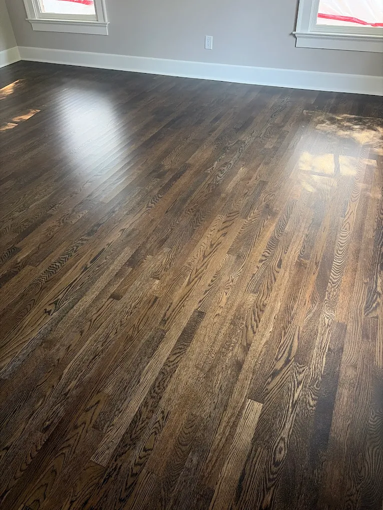 Refinished white oak floor in DuraSeal Jacobean under daylight, Buckhead Atlanta home