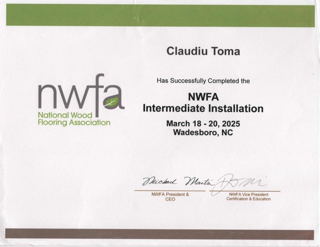 NWFA Intermediate Installation course diploma for Claudiu Toma of Classy Flooring ATL, completed March 2025 in Wadesboro, North Carolina