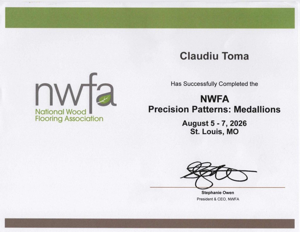 NWFA Precision Patterns: Medallions course diploma for Claudiu Toma of Classy Flooring ATL, completed August 2026 in St. Louis, Missouri